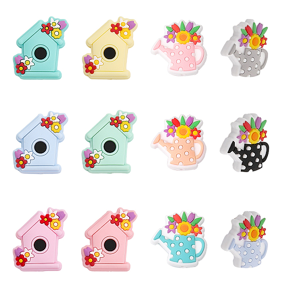 12 шт. 12 стили, экологически чистые силиконовые фокальные бусины пищевого качества, лейка и домик с цветком