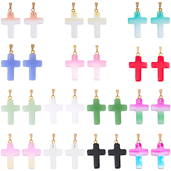 28 pcs 14 styles pendentifs en verre, avec accessoires en fer plaqués or , croix