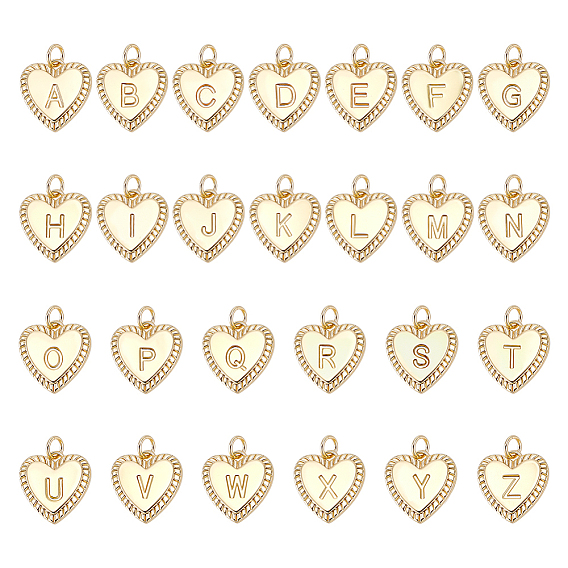26 шт. 26 стили латунные инициальные подвески, подвески в виде сердца с буквами a~z и соединительными кольцами, долговечный, без свинца, без кадмии и без никеля, стойки покрытие