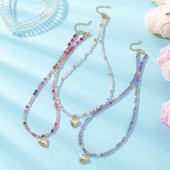 3 шт. 3 стили латунный медальон в форме сердца, ожерелья из граненых круглых бусин натурального аметиста, розового кварца и окрашенного агата, золотые