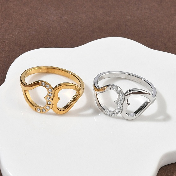 304 женские кольца из нержавеющей стали с кубическим цирконием, сердце, ионное покрытие (ip)