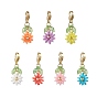 7Pcs Flower Polymer Clay & Glass Pendants Decorations, with Alloy Lobster Claw Clasps