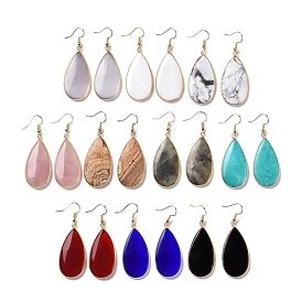 Gemstone Dangle Earrings, Drop, with Brass Findings, Golden