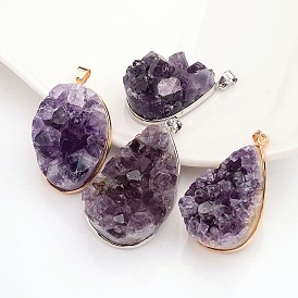 Nuggets Natural Amethyst Pendants, with Brass Findings, 36~49x21~30x20~21mm, Hole: 4x6mm