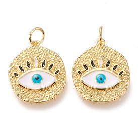Brass Pendants, with Enamel and Jump Rings, Long-Lasting Plated, Flat Round with Eye, White