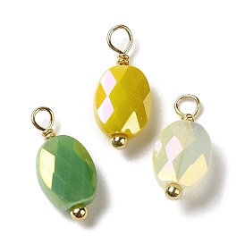 Electroplate Glass Charms, with Real 18K Gold Plated Brass Loop, Faceted Oval Charm