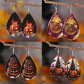 Halloween PU Leather Teardrop Earrings, with Stainless Steel Earrings Hook, Orange, Platinum