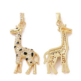 Brass Micro Pave Cubic Zirconia Pendants, with Enamel, Giraffe Charm