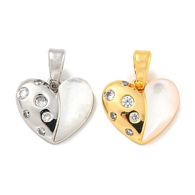 Brass Micro Pave Clear Cubic Zirconia Pendants, with Shell, Heart