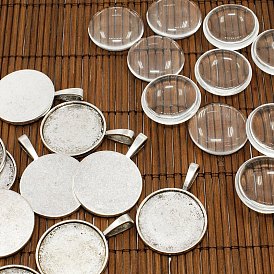 25mm Transparent Clear Domed Glass Cabochon Cover for Photo Pendant Making, with Alloy Settings, Pendant: 40x26.5x6.5mm, Hole: 9.5x5mm, Glass: 25x7.4mm