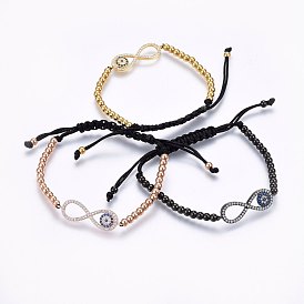 304 ajustables de acero inoxidable trenzado de pulseras con cuentas, Con cordón de nylon y latón micro pave zirconia enlaces cúbicos, infinito