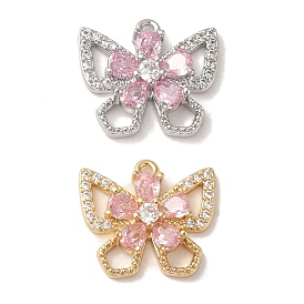 Brass Micro Pave Clear Cubic Zirconia Charms, Butterfly with Flower, Pearl Pink