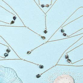 Natural Paua Shell Geometric Y Pendant Brass Double Layered Necklaces, Golden