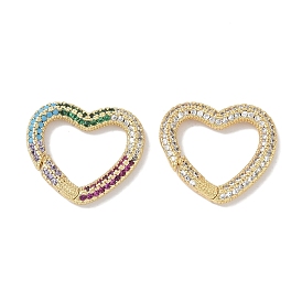 Rack Plating Brass Micro Pave Cubic Zirconia Spring Gate Rings Clasps, Cadmium Free & Lead Free, Long-Lasting Plated, Real 18K Gold Plated, Heart