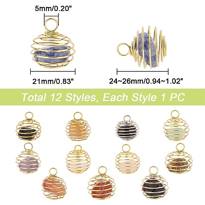 PandaHall Elite 12Pcs 12 Style Iron Wrap-around Spiral Bead Cage Pendants, with Gemstone Beads Inside, Round