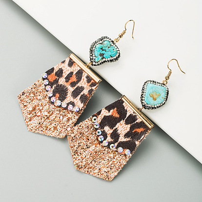 Leopard Print Leather Earrings with Diamond Embellishments - Exaggerated Ear Decor.