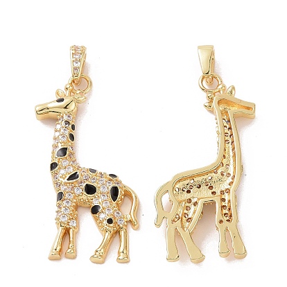 Brass Micro Pave Cubic Zirconia Pendants, with Enamel, Giraffe Charm