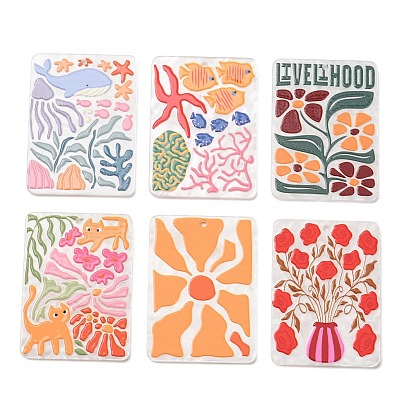 Colgantes de acrílico impresos en doble cara con relieve, Rectángulo con dijes de flores/animales