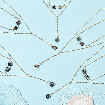 Natural Paua Shell Geometric Y Pendant Brass Double Layered Necklaces, Golden