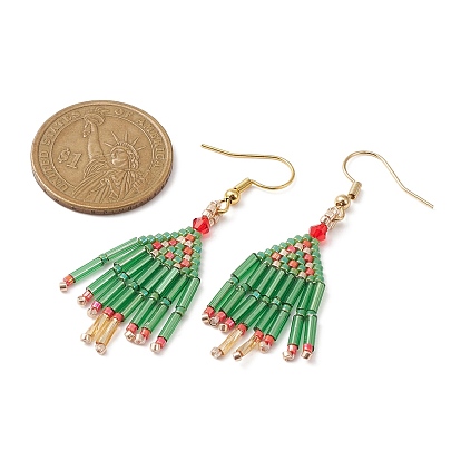 Christmas Tree Dangle Earrings for Women, Seed Beads Tassel Earring with 304 Stainless Steel Earring Hooks