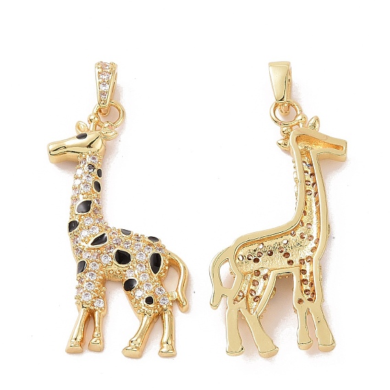 Brass Micro Pave Cubic Zirconia Pendants, with Enamel, Giraffe Charm