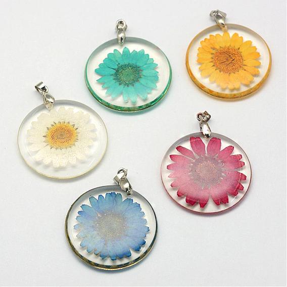 Alloy Resin Pendants, Flat Round, with Dried Flower inside, Platinum, 32~32.5x4~4.5mm, Hole: 4x4mm