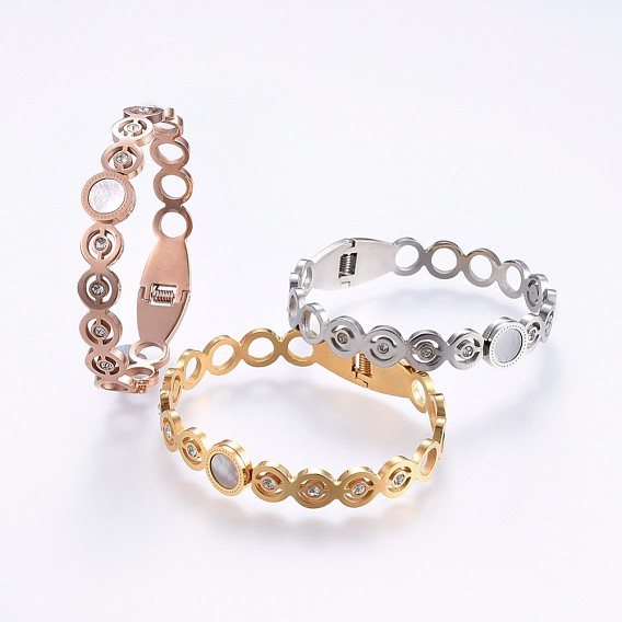 304 Stainless Steel Bangles, with Rhinestone and Shell, Flat Round