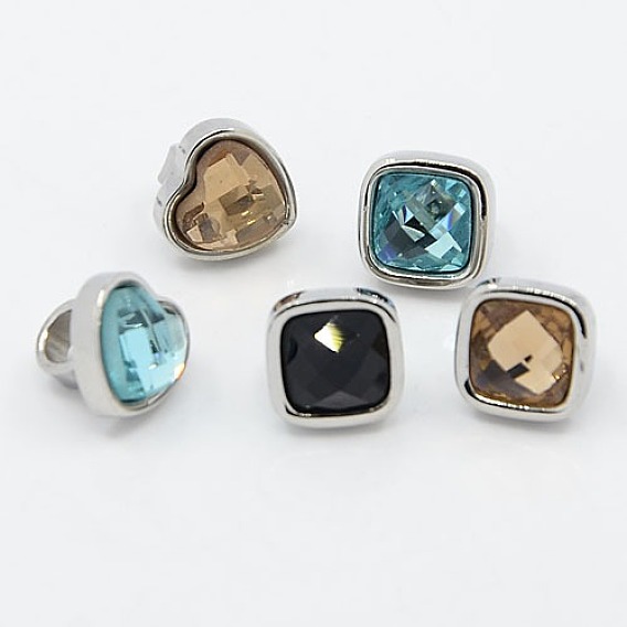304 Stainless Steel Heart and Square Slide Charms, with Glass Cabochons