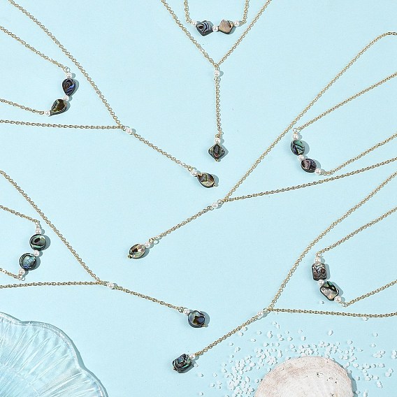 Collares de latón de doble capa con colgante geométrico en forma de Y de concha de paua natural, dorado