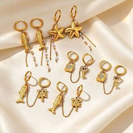 304 Stainless Steel Rhinestone Hoop Earrings, Lobster & Koi Fish/Lock & Key Pendant Linked Chain Dangle Earrings for Women