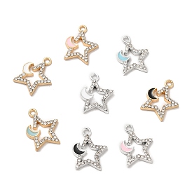 Rack Plating Alloy Rhinestone Pendants, with Enamel, Nickel Free, Star with Moon Charms