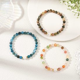 3Pcs 3 Styles Natural Green Rutilated Quartz & Agate & Apatite Round Beaded Stretch Bracelet Sets for Women