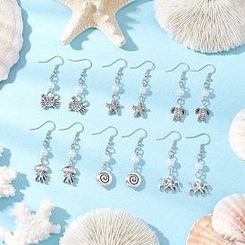 6пара висячих серег из сплава в тибетском стиле, с абс пластмассовой имитационной жемчужиной, морская тема