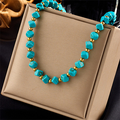 Resin Diagonal Cube Beaded Necklaces for Women, with 304 Stainless Steel Round Beads, Golden