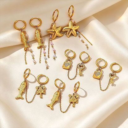 304 Stainless Steel Rhinestone Hoop Earrings, Lobster & Koi Fish/Lock & Key Pendant Linked Chain Dangle Earrings for Women