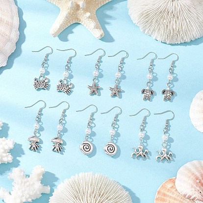 6пара висячих серег из сплава в тибетском стиле, с абс пластмассовой имитационной жемчужиной, морская тема