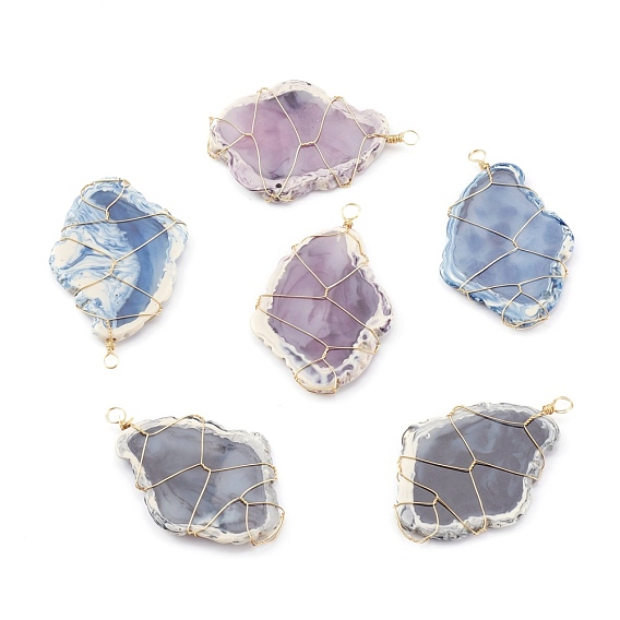 Resin Beads Imitation Agate Slices Pendants, with Golden Copper Wire, Nuggets