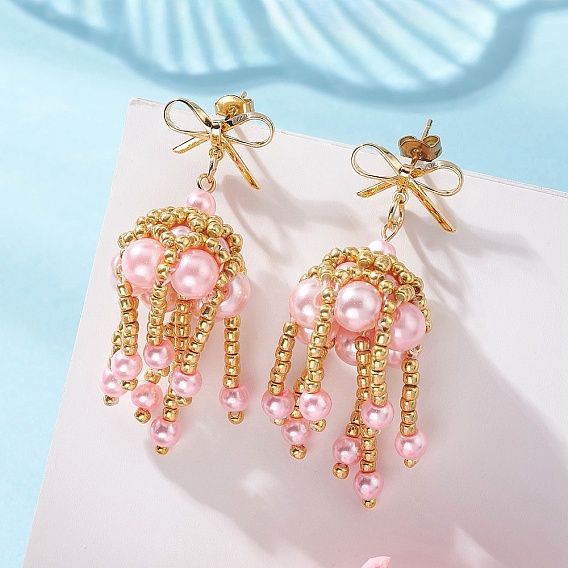 Серьги-гвоздики из стеклянных бусин ручной работы, бантом, с фурнитурой для сережек из латуни и нержавеющей стали, золотые