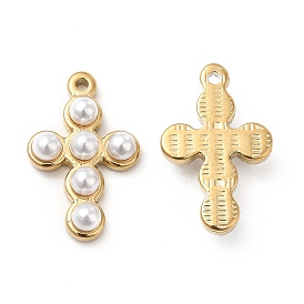 Colgantes de perlas de imitación de plástico abs, con tono real 18k chapado en oro 201 fornituras de acero inoxidable, cruz encanto