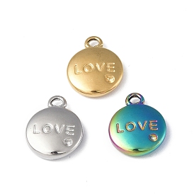304 Stainless Steel Pendant Rhinestone Settings, Flat Round with Word LOVE Charm