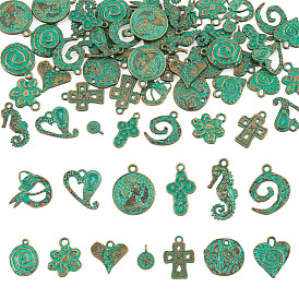 52 piezas 13 estilos colgantes de aleación de estilo tibetano, bronce antiguo y pátina verde