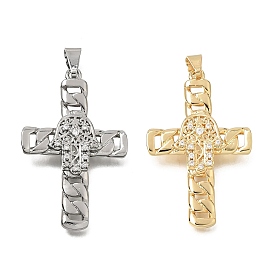 Brass Micro Pave Clear Cubic Zirconia Pendants, Twisted Cross with Hamsa Hand Charms