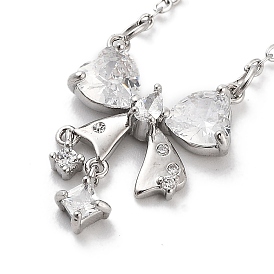 201 Stainless Steel Cable Chain Necklaces, Brass Clear Cubic Zirconia Bowknot Pendant Necklaces