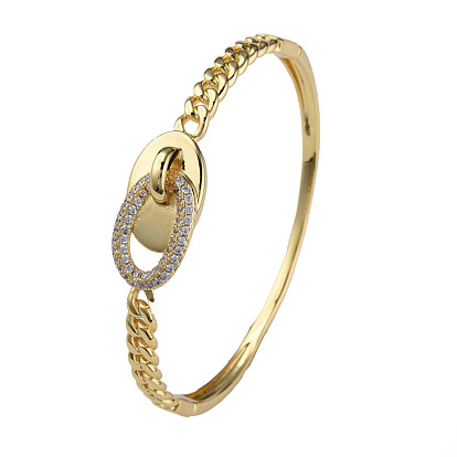 Cubic Zirconia Oval with Curb Chains Shape Hinged Bangle, Real 18K Gold Plated Brass Jewelry for Women