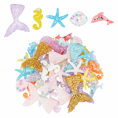 50 pcs 5 estilo cabujones de resina, con paillette, tema marino, en forma de mezcla