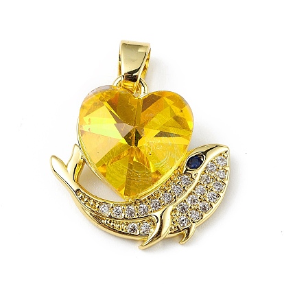 Real 18K Gold Plated Rack Plating Brass Micro Pave Cubic Zirconia Pendants, with Glass, Long-Lasting Plated, Cadmium Free & Lead Free, Heart & Whale