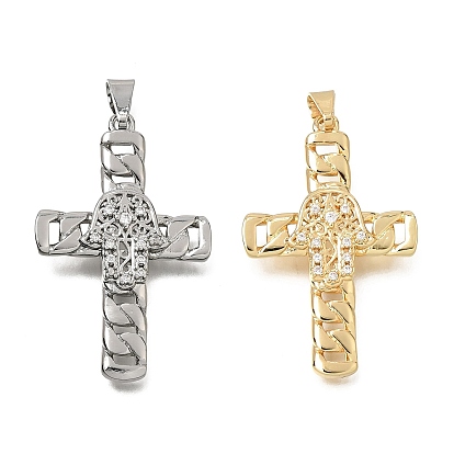 Brass Micro Pave Clear Cubic Zirconia Pendants, Twisted Cross with Hamsa Hand Charms