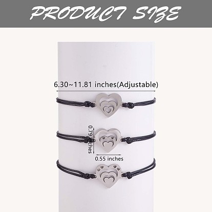3Pcs 3 Style 430 Stainless Steel Heart Link Bracelets Set, Match Adjustable Bracelets for Best Friends Couple Family