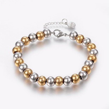 304 Stainless Steel Bracelets with 201 Stainless Round Beads, with Lobster Clasp