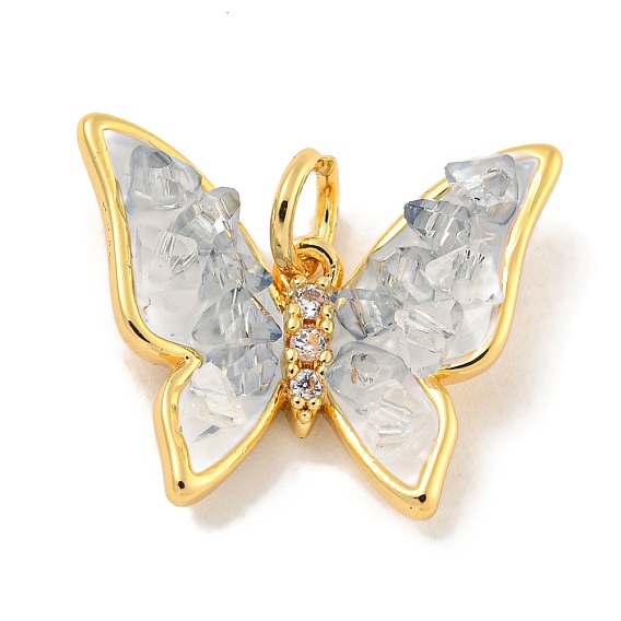 Natural Quartz Crystal Pendants, Brass Pave Clear Cubic Zirconia Butterfly Charms with Enamel & Jump Rings